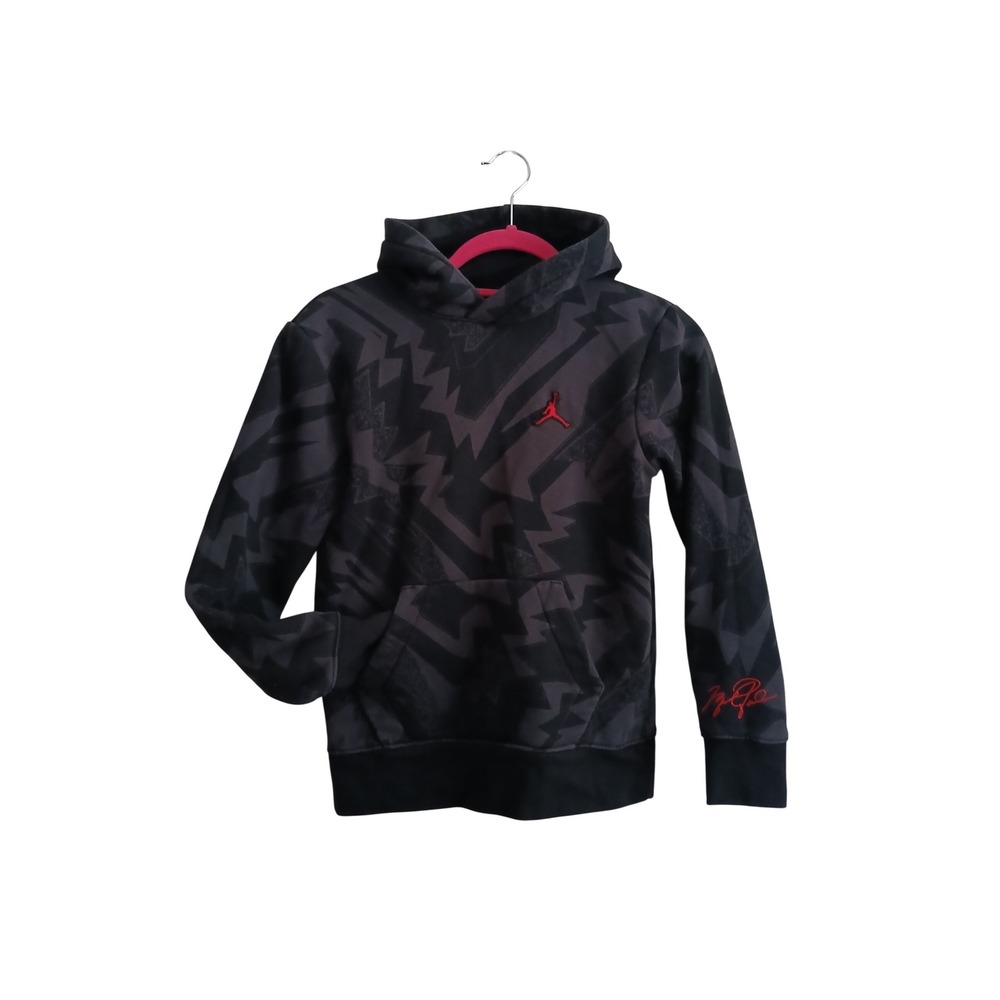 Jordan Essentials AOP Fleece Pullover Hoodie Boys Medium Black Gray Geometric